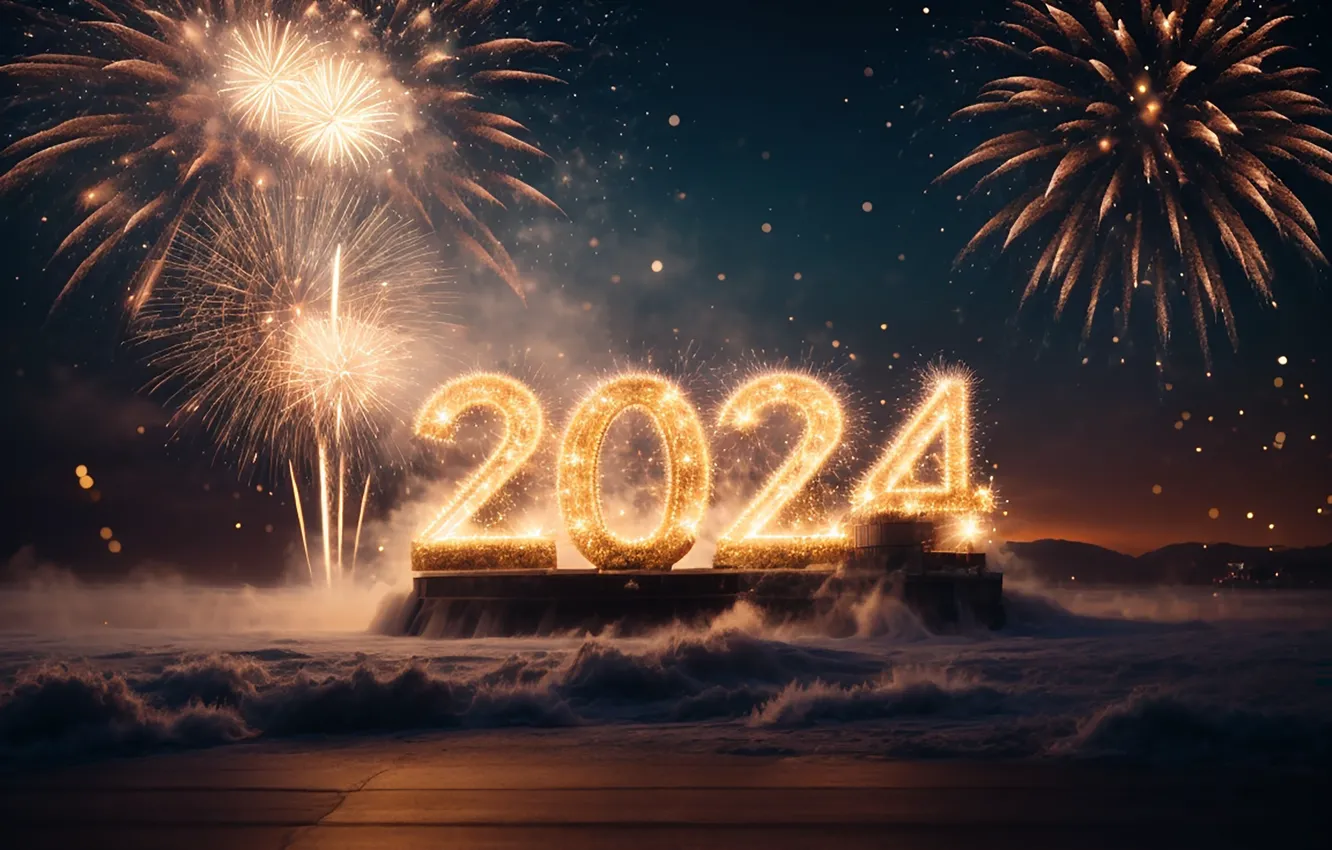 Фото обои салют, цифры, Новый год, golden, numbers, New year, 2024, fieworks