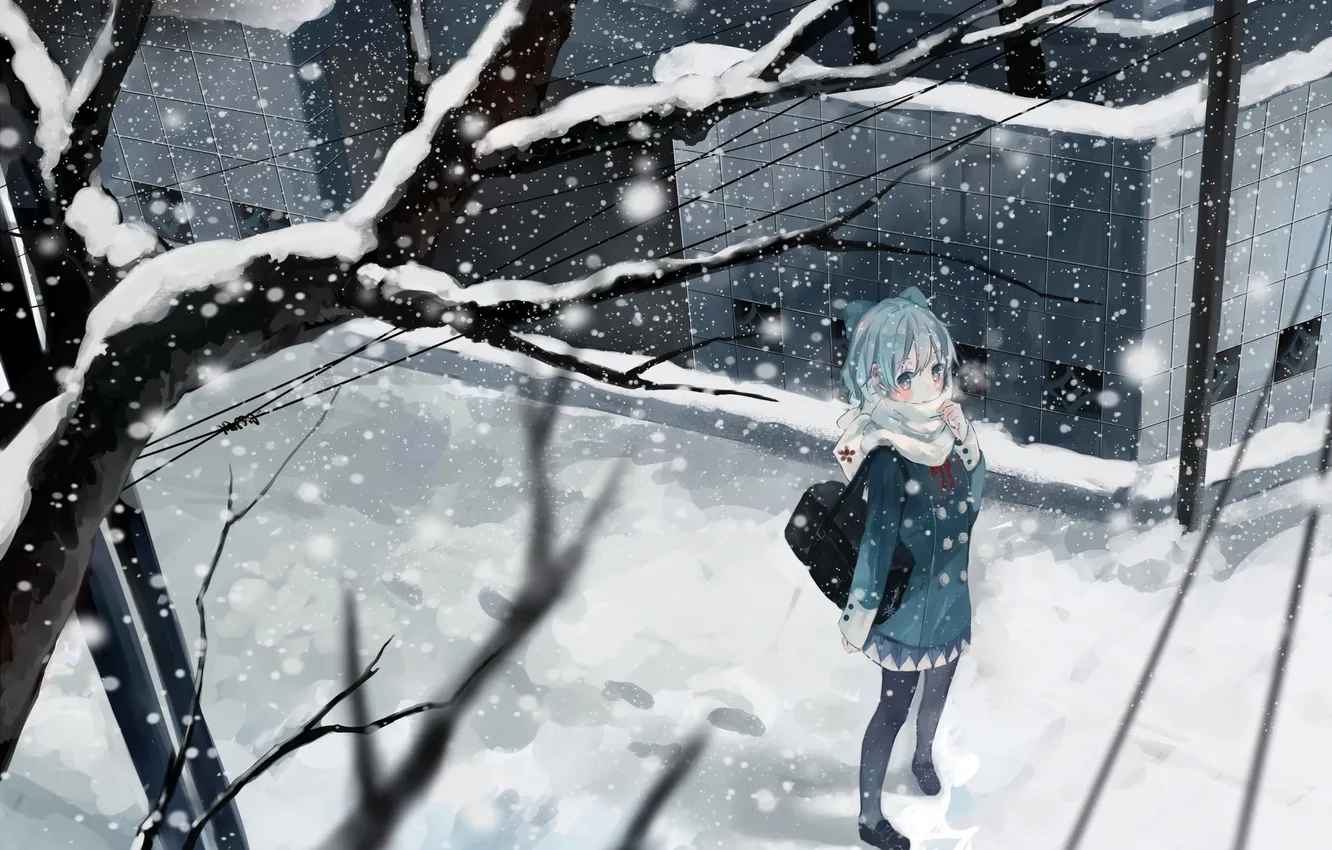 Фото обои зима, девушка, снег, деревья, ветви, аниме, арт, школьница