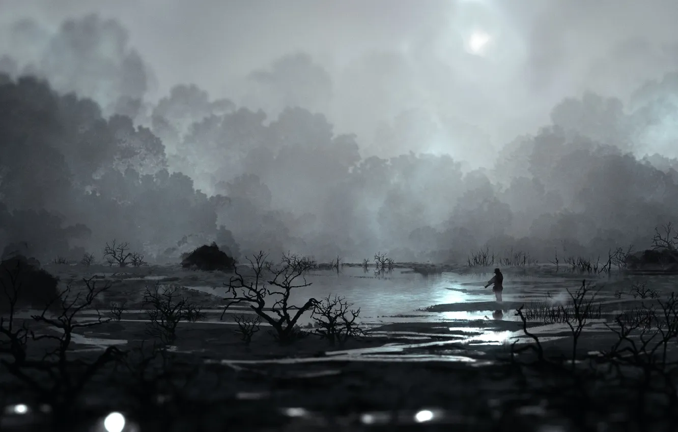 Фото обои деревья, ночь, озеро, луна, человек, арт