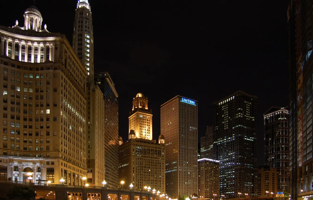 Фото обои ночь, город, огни, небоскребы, чикаго, Chicago