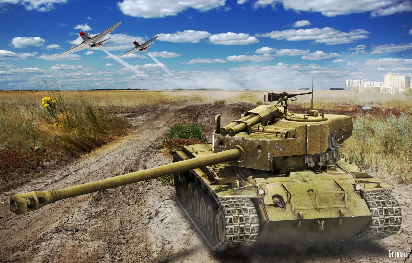 Фото обои поле, небо, арт, самолёты, T26E4 SuperPershing