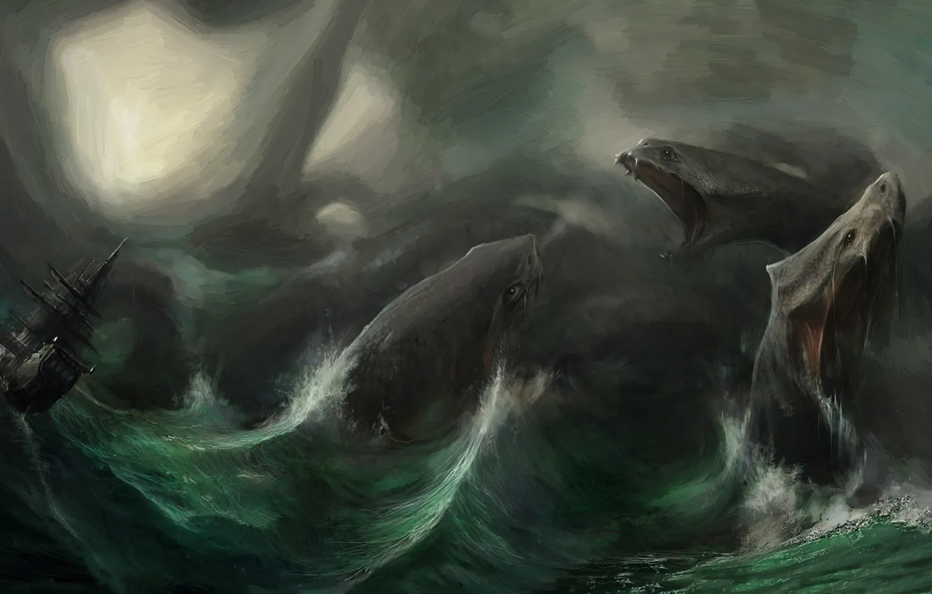 Фото обои Океан, Море, Волны, Корабль, Шторм, Чудовище, Гидра, Francesco Lorenzetti