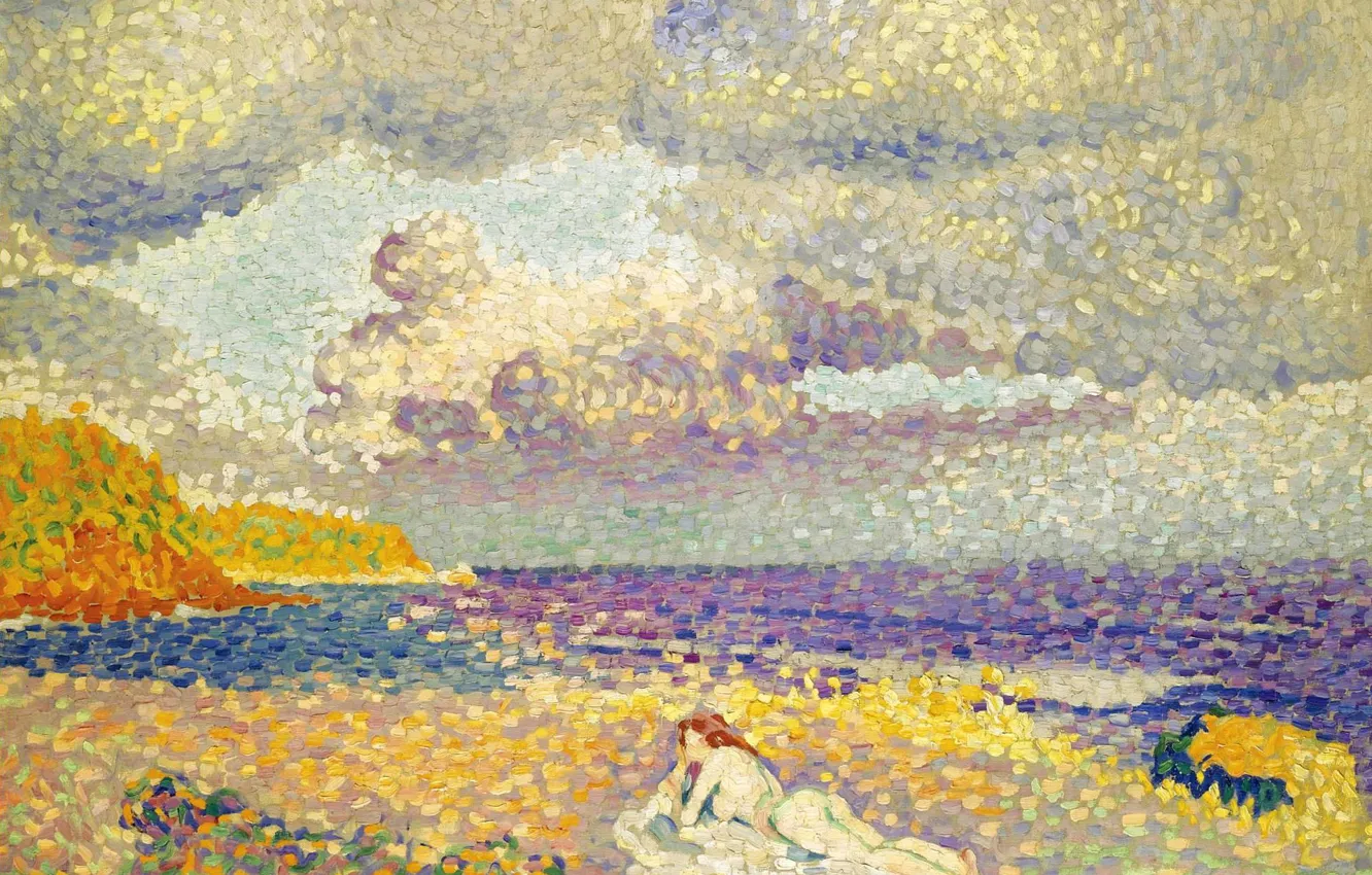 Фото обои море, эротика, девушка, пейзаж, тучи, картина, Henri Edmond Cross, пуантилизм
