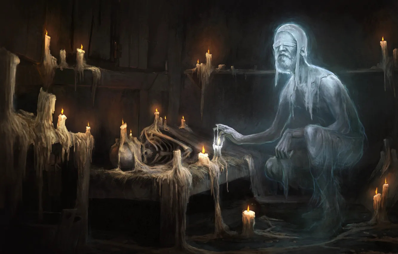 Фото обои комната, свечи, призрак, старец