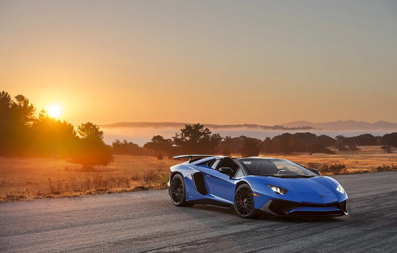 Фото обои солнце, закат, восход, Roadster, Lamborghini, Aventador, LP-750