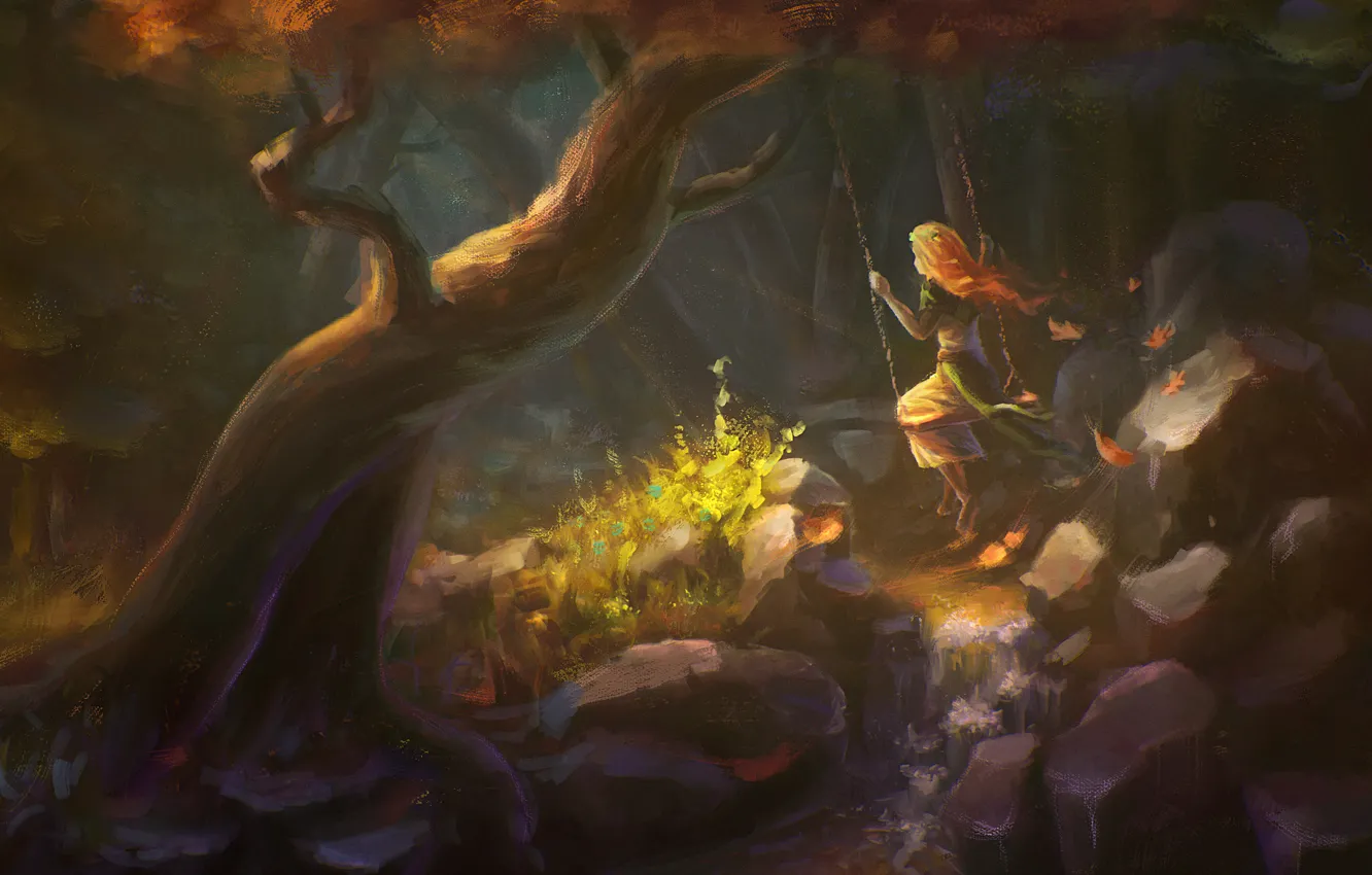 Фото обои лес, вода, девушка, камни, качели, дерево, арт, речка