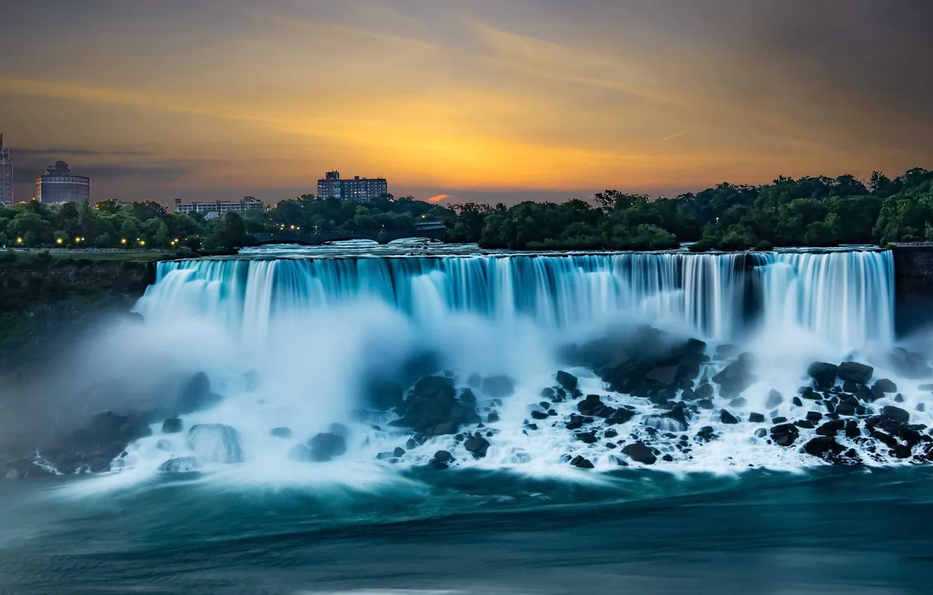 Фото обои закат, река, водопад, Канада, Онтарио, Ниагарский водопад, Canada, Ontario