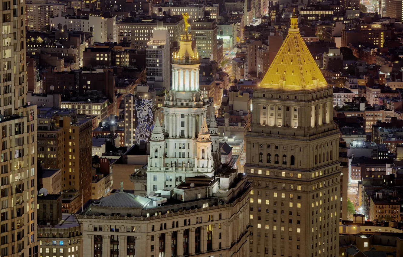 Фото обои ночь, огни, башня, небоскреб, дома, Нью-Йорк, панорама, США