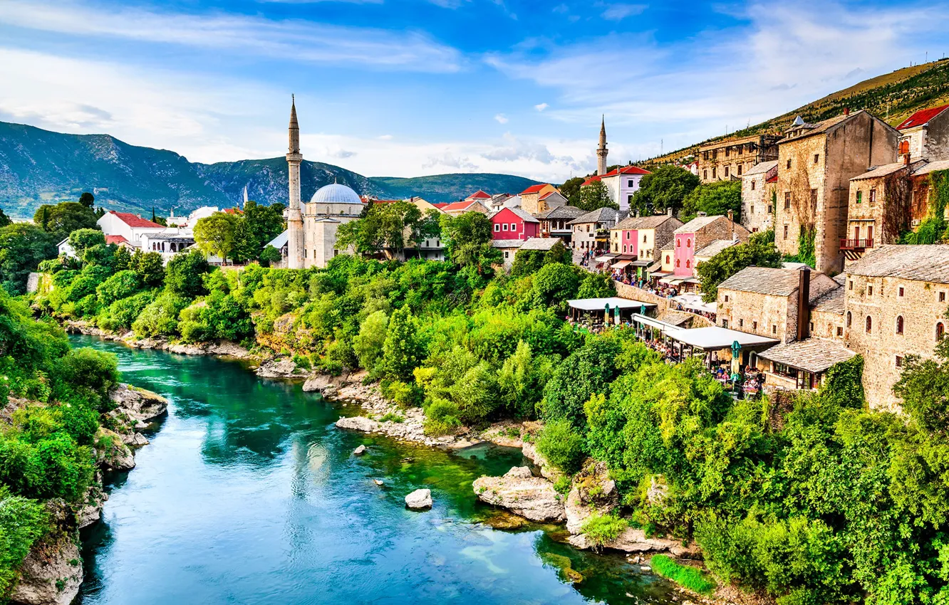 Фото обои река, дома, мечеть, Босния и Герцеговина, Мостар