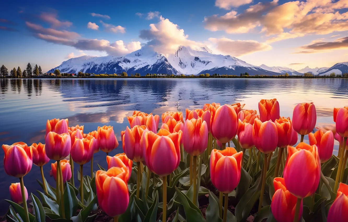 Фото обои цветы, весна, colorful, тюльпаны, red, sunshine, landscape, nature