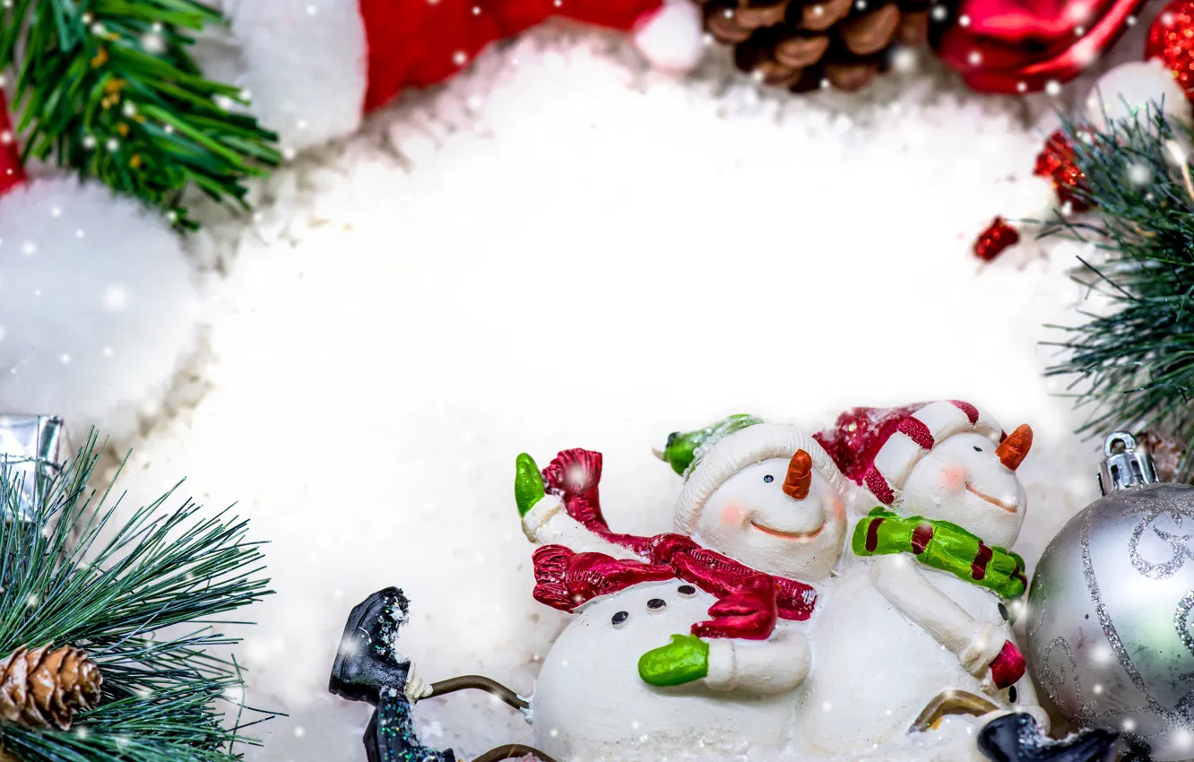 Фото обои зима, игрушки, Новый Год, Рождество, снеговики, Christmas, winter, snow