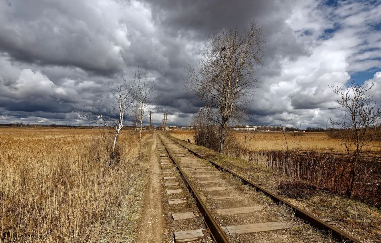 Фото обои поле, небо, железная дорога