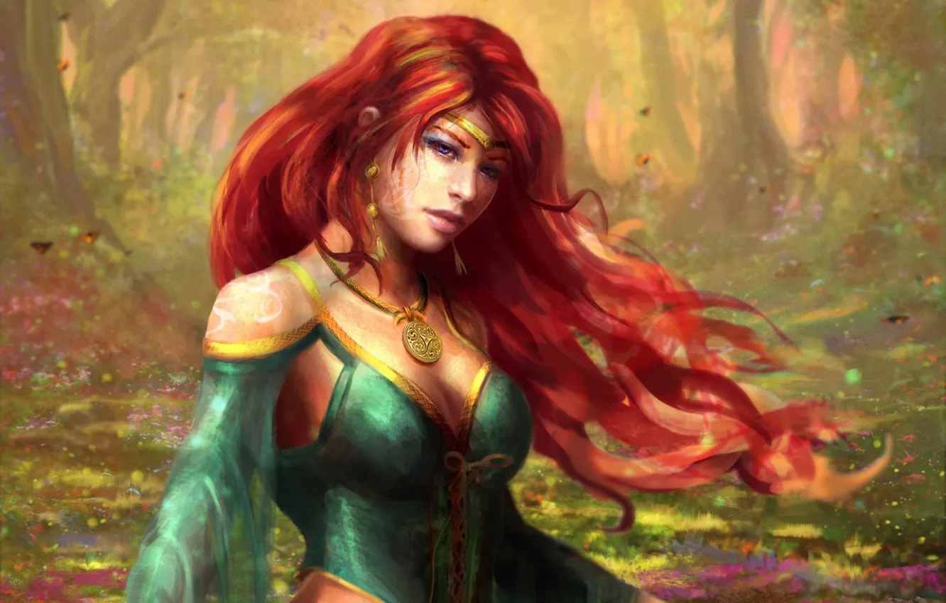 Фото обои лес, девушка, волосы, арт, кулон, рыжая