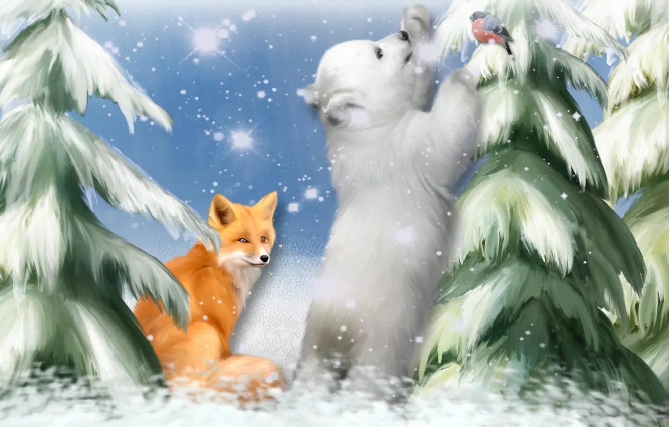 Фото обои снег, снежинки, игра, елки, картина, арт, лиса, медвежонок