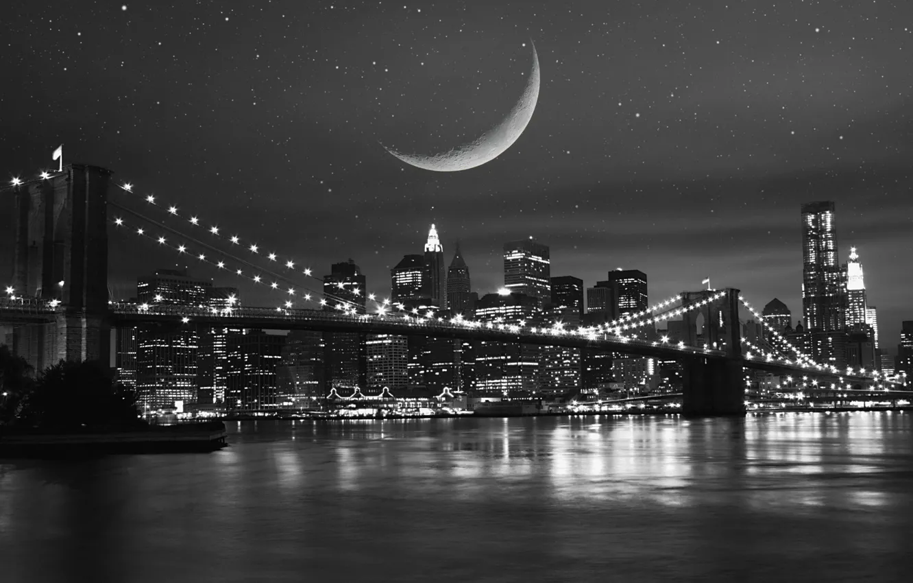 Фото обои небо, звезды, ночь, мост, city, город, lights, огни