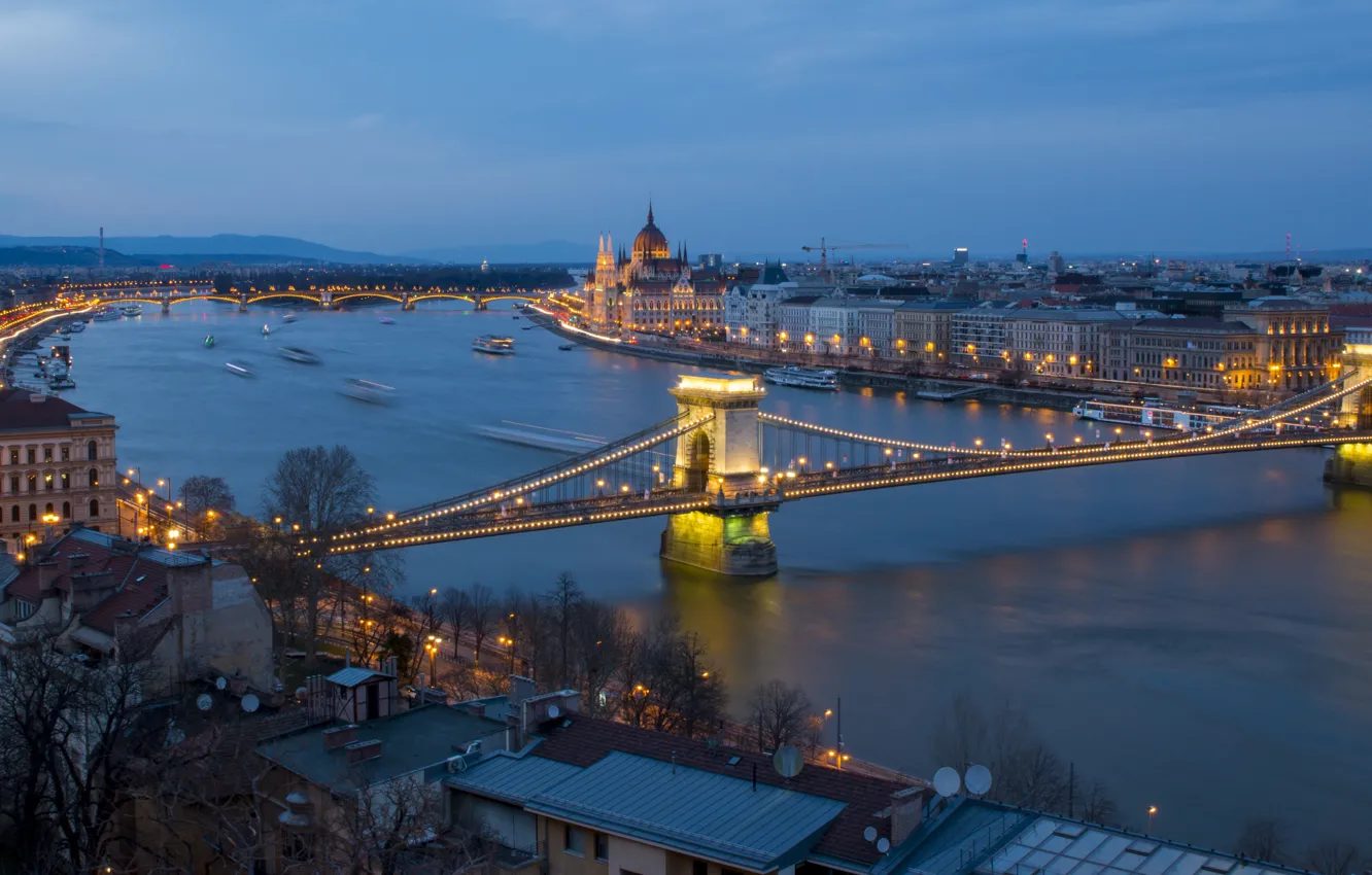 Фото обои ночь, мост, панорама, парламент, Венгрия, Будапешт, Дунай
