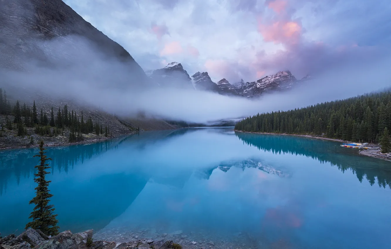 Фото обои лес, облака, природа, туман, озеро, утро, Канада, Скалистые горы