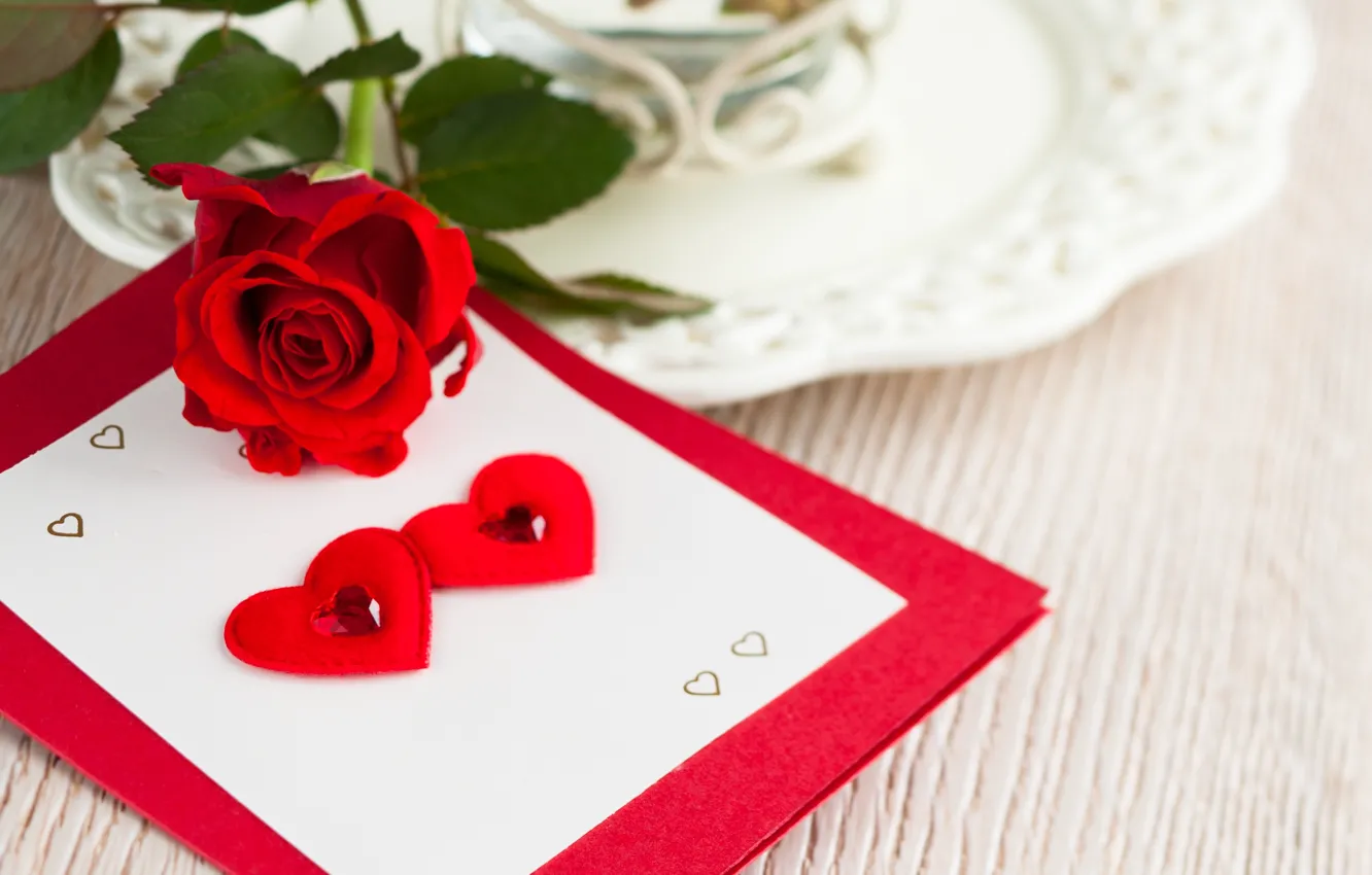 Фото обои цветок, роза, сердца, сердечки, красная, открытка