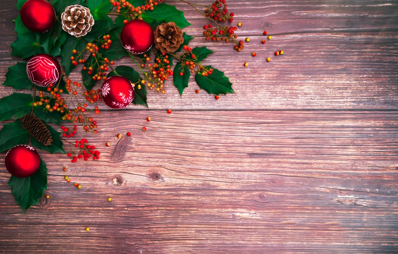 Фото обои украшения, ягоды, шары, Новый Год, Рождество, Christmas, balls, wood