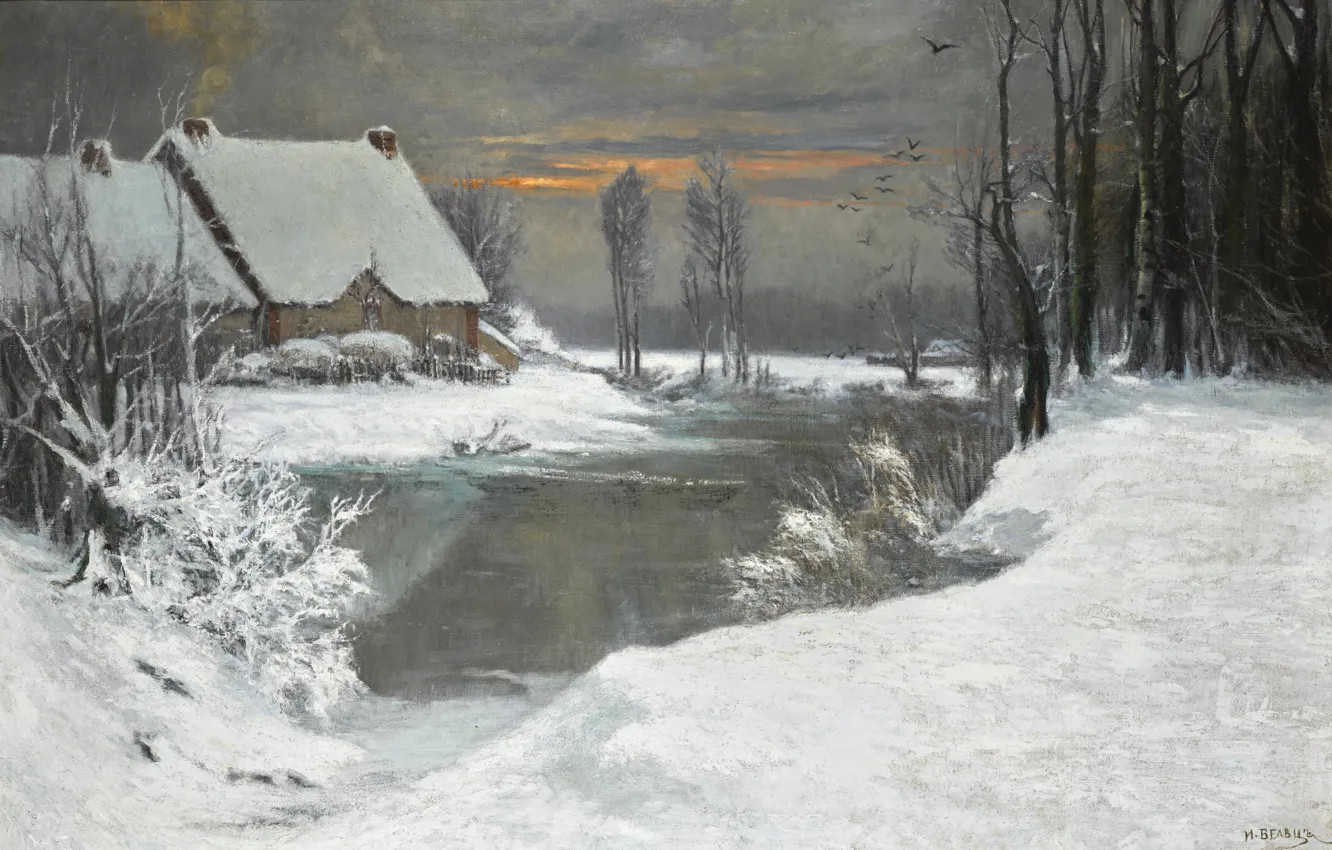 Фото обои снег, деревья, закат, птицы, дом, река, кусты, WINTER LANDSCAPE