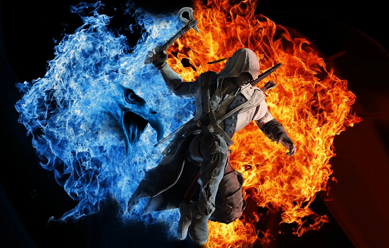 Фото обои вода, оружие, фон, огонь, птица, игра, Assassins Creed, Connor