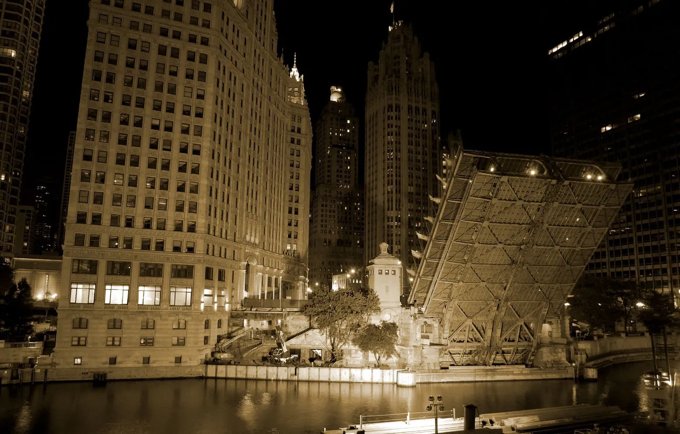 Фото обои ночь, мост, город, небоскребы, чикаго, Chicago