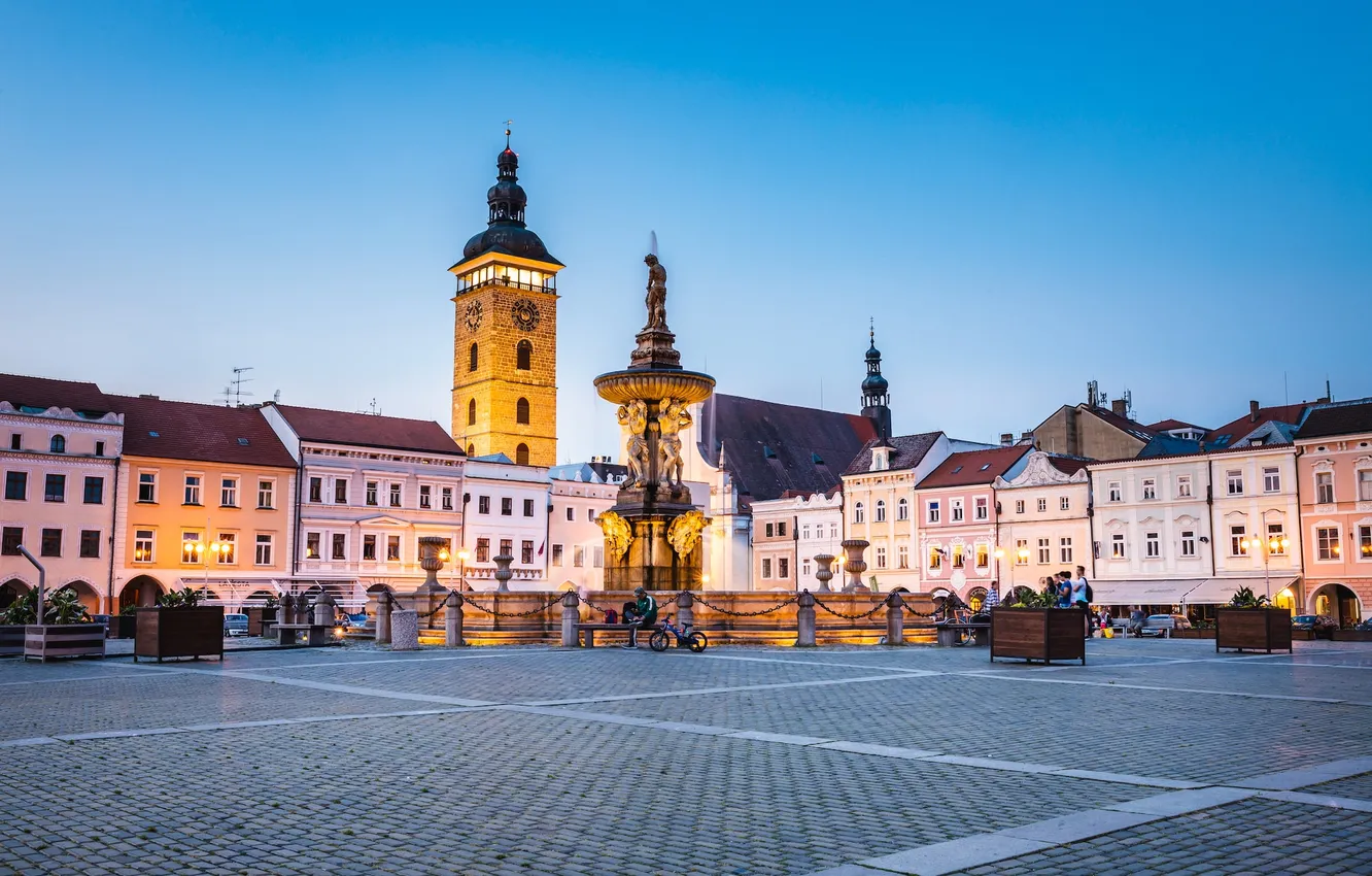 Фото обои город, дома, Чехия, площадь, башни, České Budějovice, Ческе Будейовице, Náměstí Přemysla Otakara II