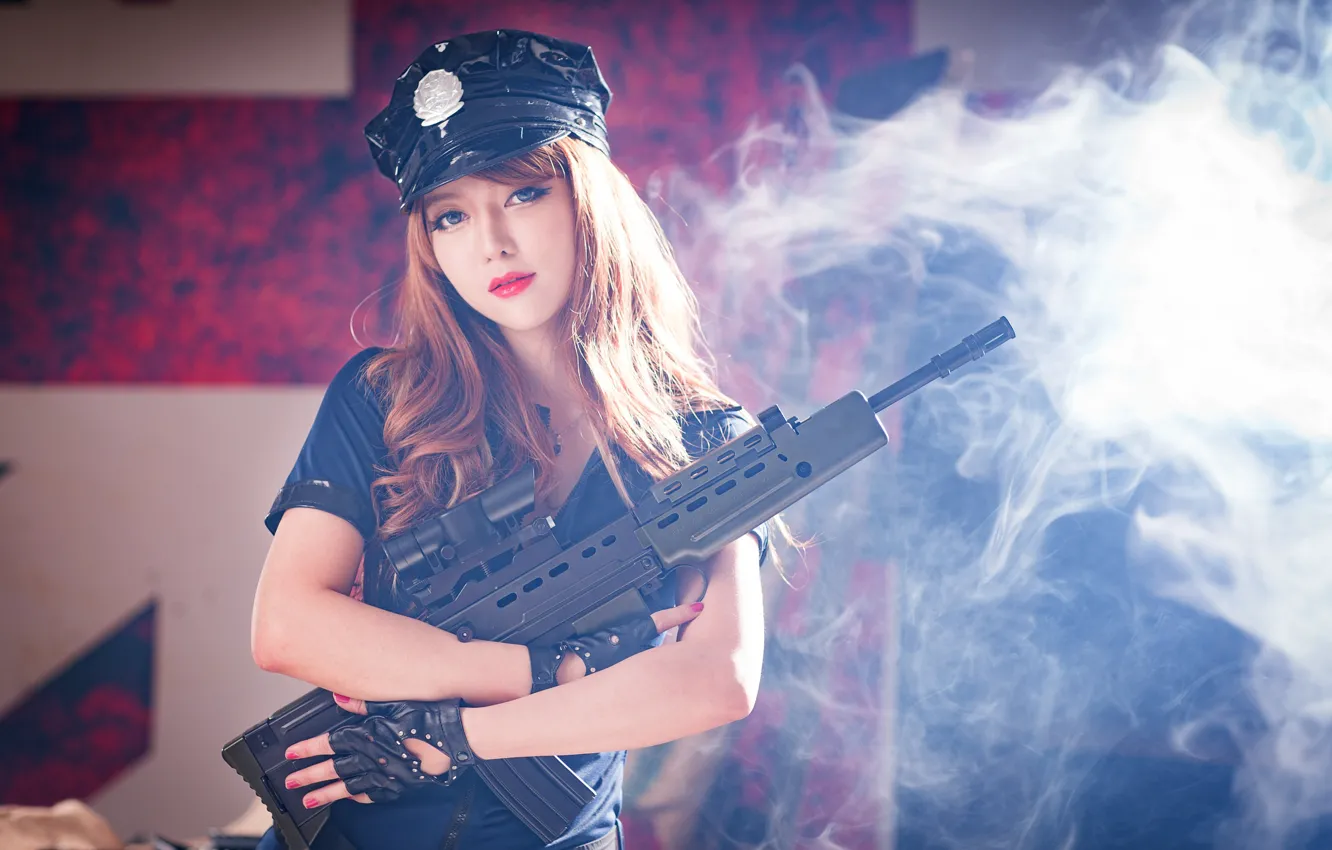 Фото обои дымка, форма, азиатка, красотка, фуражка, beauty, cap, asian