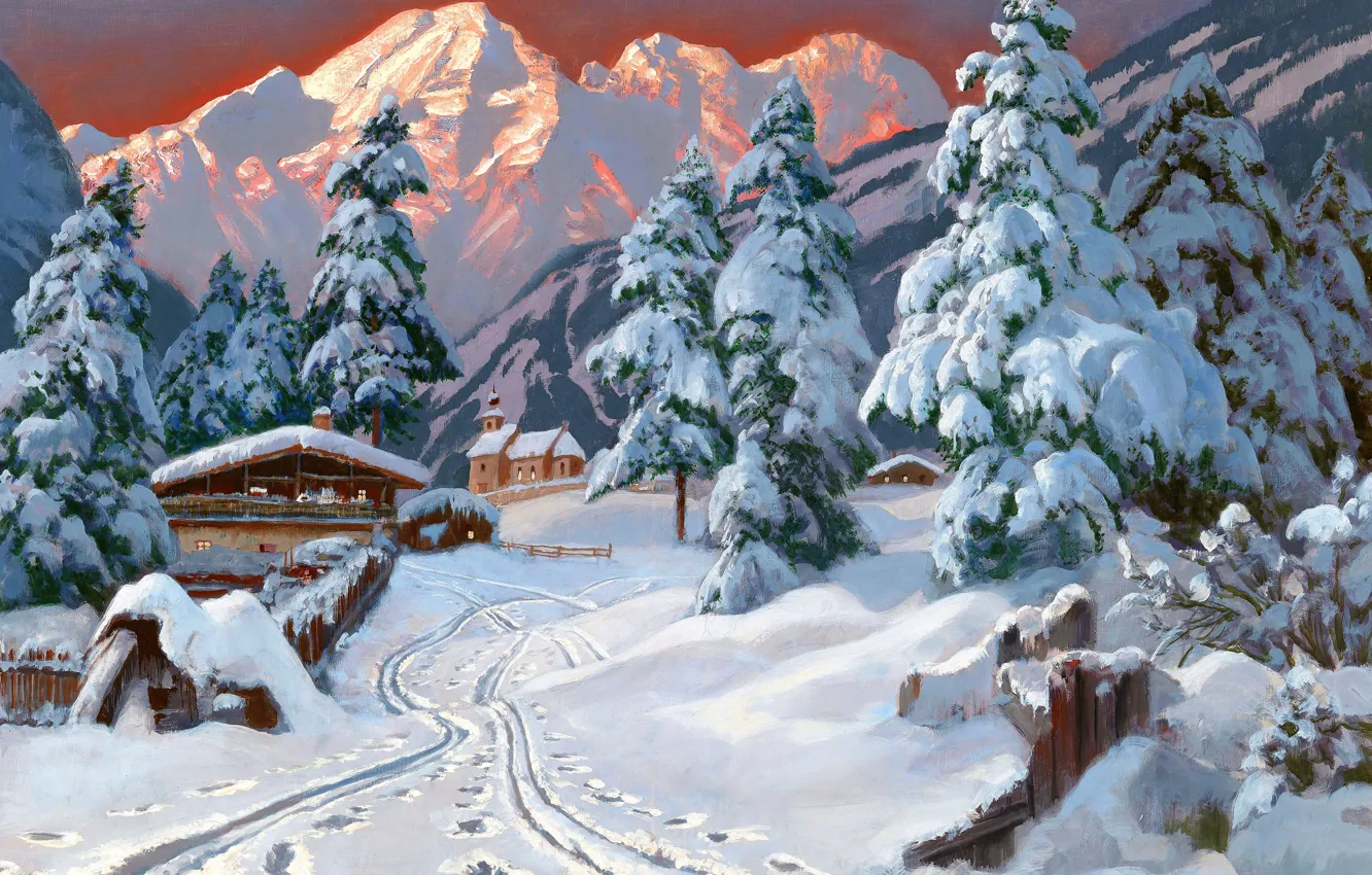 Фото обои Дома, Горы, Снег, Картина, Alois Arnegger, Ели, Алоис Арнеггер, Австрийский живописец