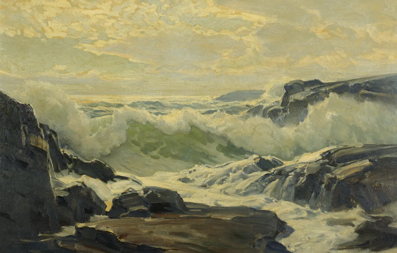 Фото обои море, волны, пена, скалы, рифы, Frederick Judd Waugh