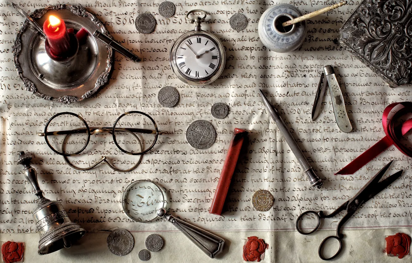 Фото обои письмо, часы, свеча, очки, монеты, ножик, натюрморт, лупа