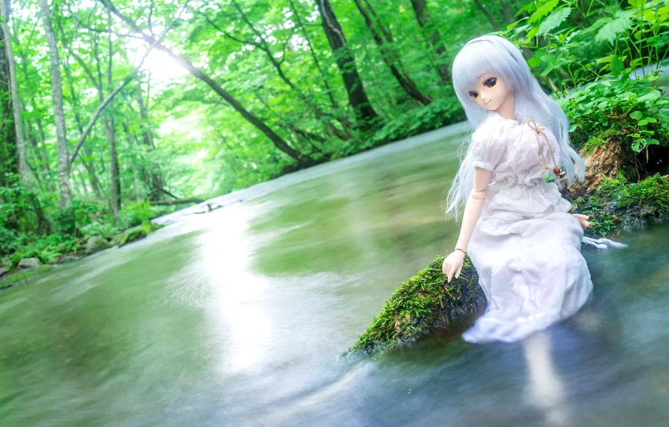Фото обои лето, вода, деревья, река, кукла, платье