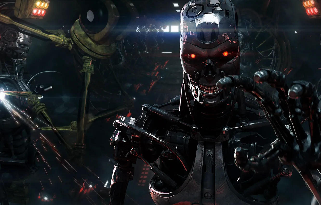 Фото обои металл, сталь, завод, робот, рука, киборг, Terminator, Терминатор