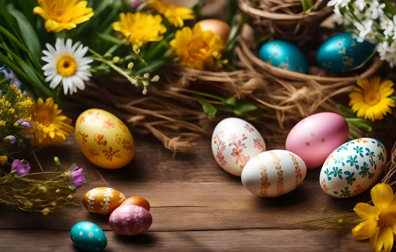 Фото обои цветы, яйца, весна, colorful, Пасха, flowers, spring, Easter