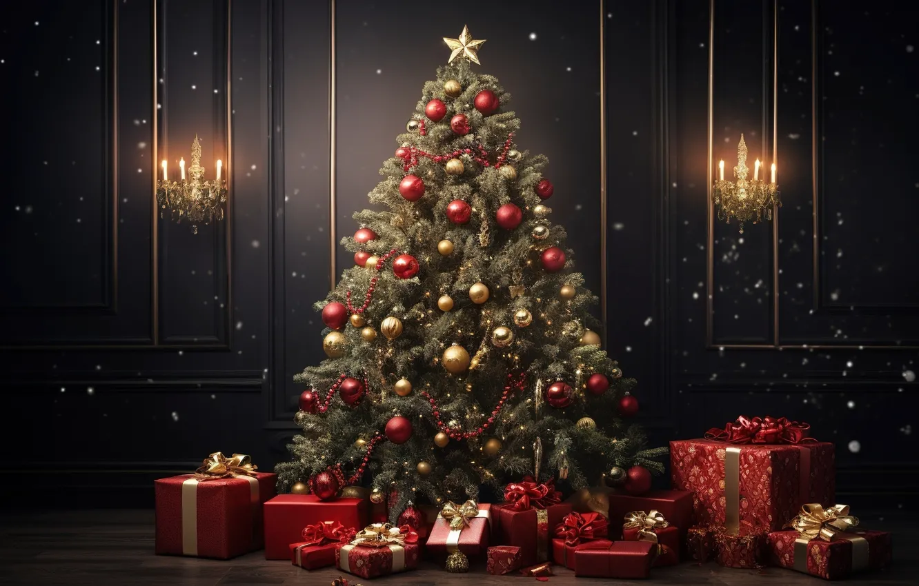 Фото обои украшения, комната, шары, елка, Новый Год, Рождество, подарки, new year