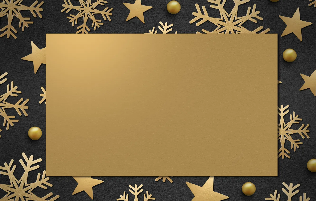 Фото обои зима, снежинки, рамка, golden, черный фон, black, Christmas, winter