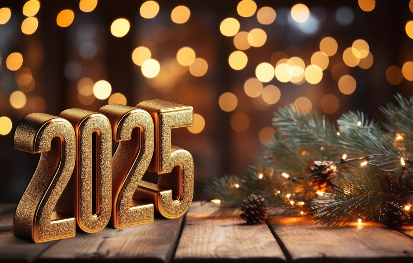 Фото обои золото, цифры, Новый год, golden, new year, background, bokeh, decoration