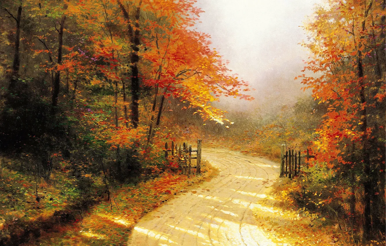 Фото обои дорога, осень, лес, живопись, Томас Кинкейд, painting, золотая, Thomas Kinkade