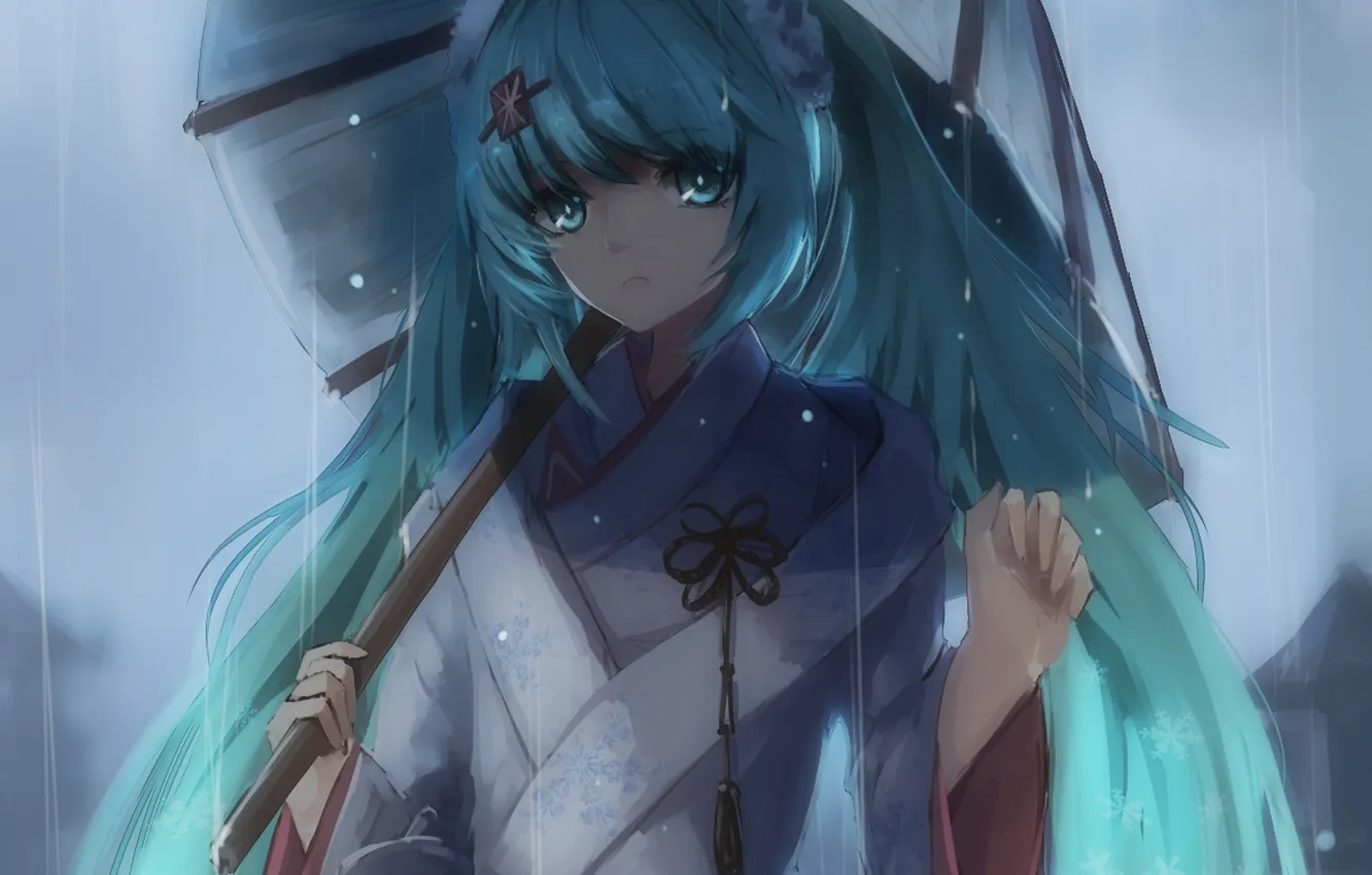 Фото обои девушка, дождь, зонт, аниме, арт, кимоно, vocaloid, hatsune miku