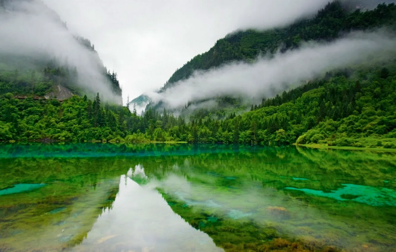 Фото обои туман, озеро, отражение, Горы