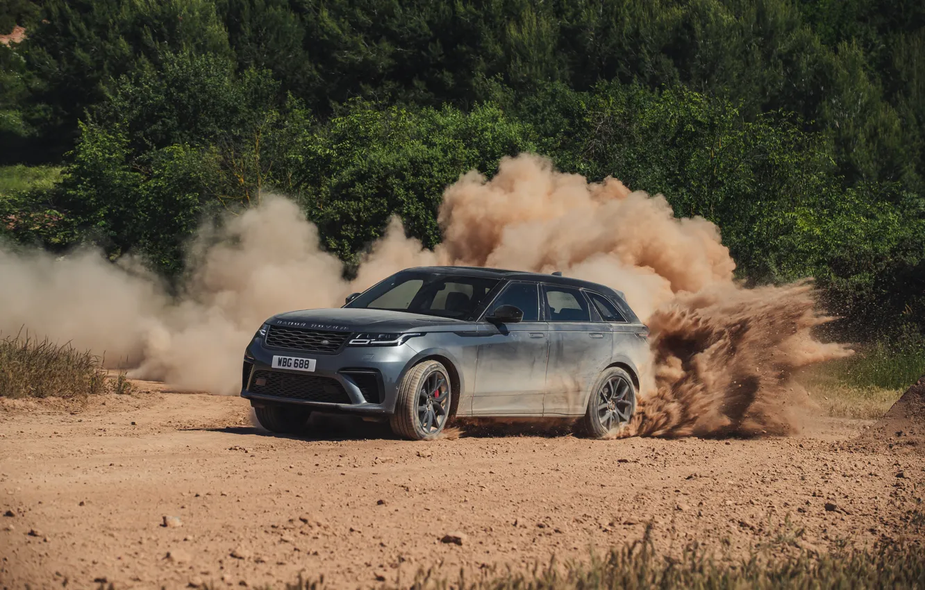 Фото обои пыль, Land Rover, Range Rover, грунтовка, SUV, V8, Velar, 2019