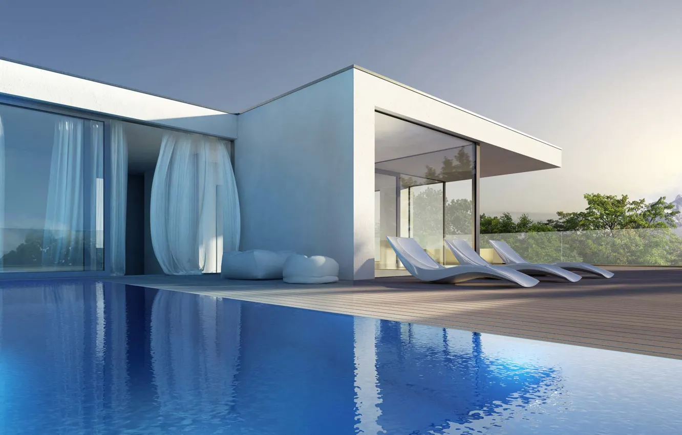 Фото обои вилла, интерьер, бассейн, терраса, экстерьер, Exterior of modern house