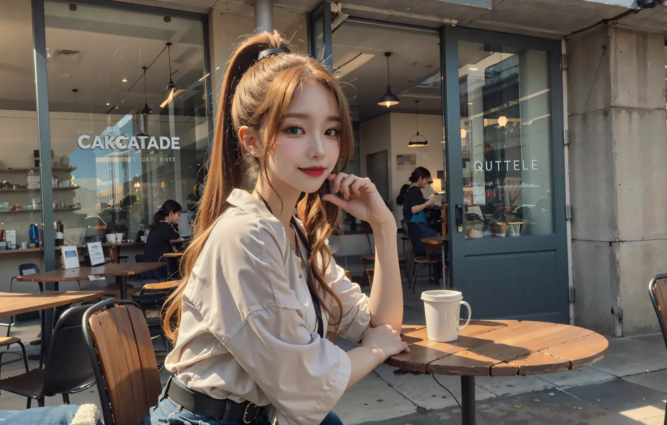 Фото обои Asian, long hair, ponytail, women, jeans, coffee, digital art, cafe