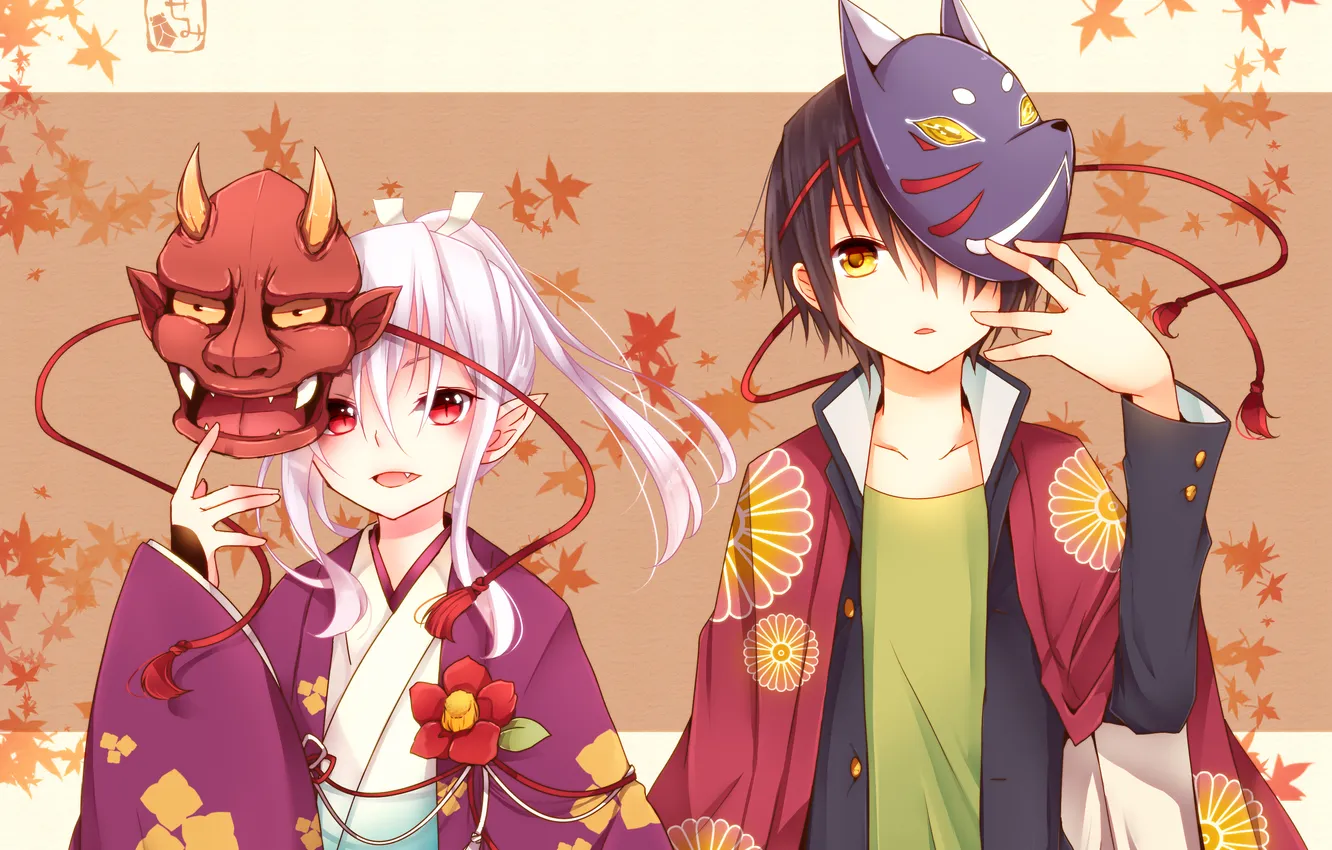 Фото обои листья, аниме, мальчик, арт, девочка, кимоно, маски, двое