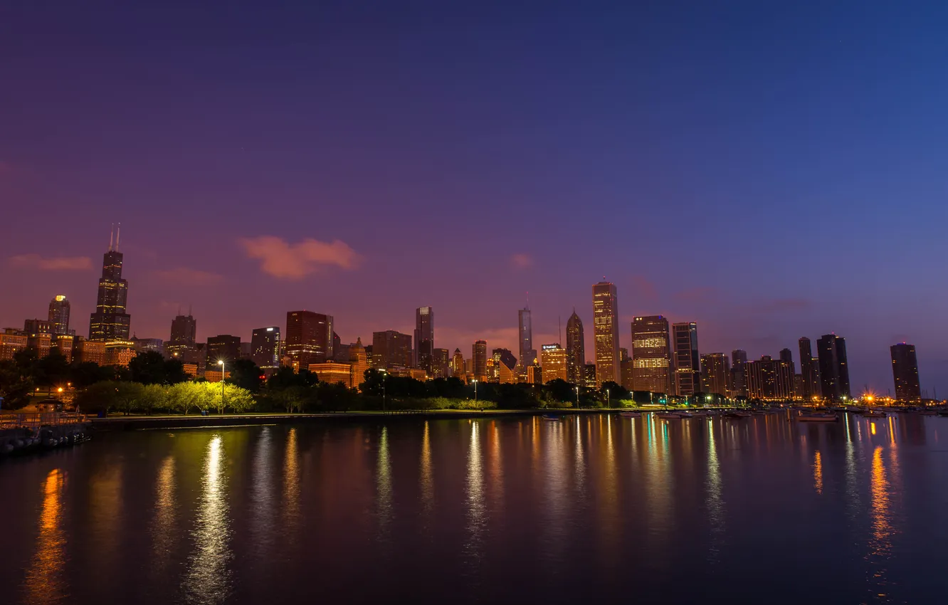 Фото обои ночь, город, огни, Чикаго, США, Иллиноис, панорамма