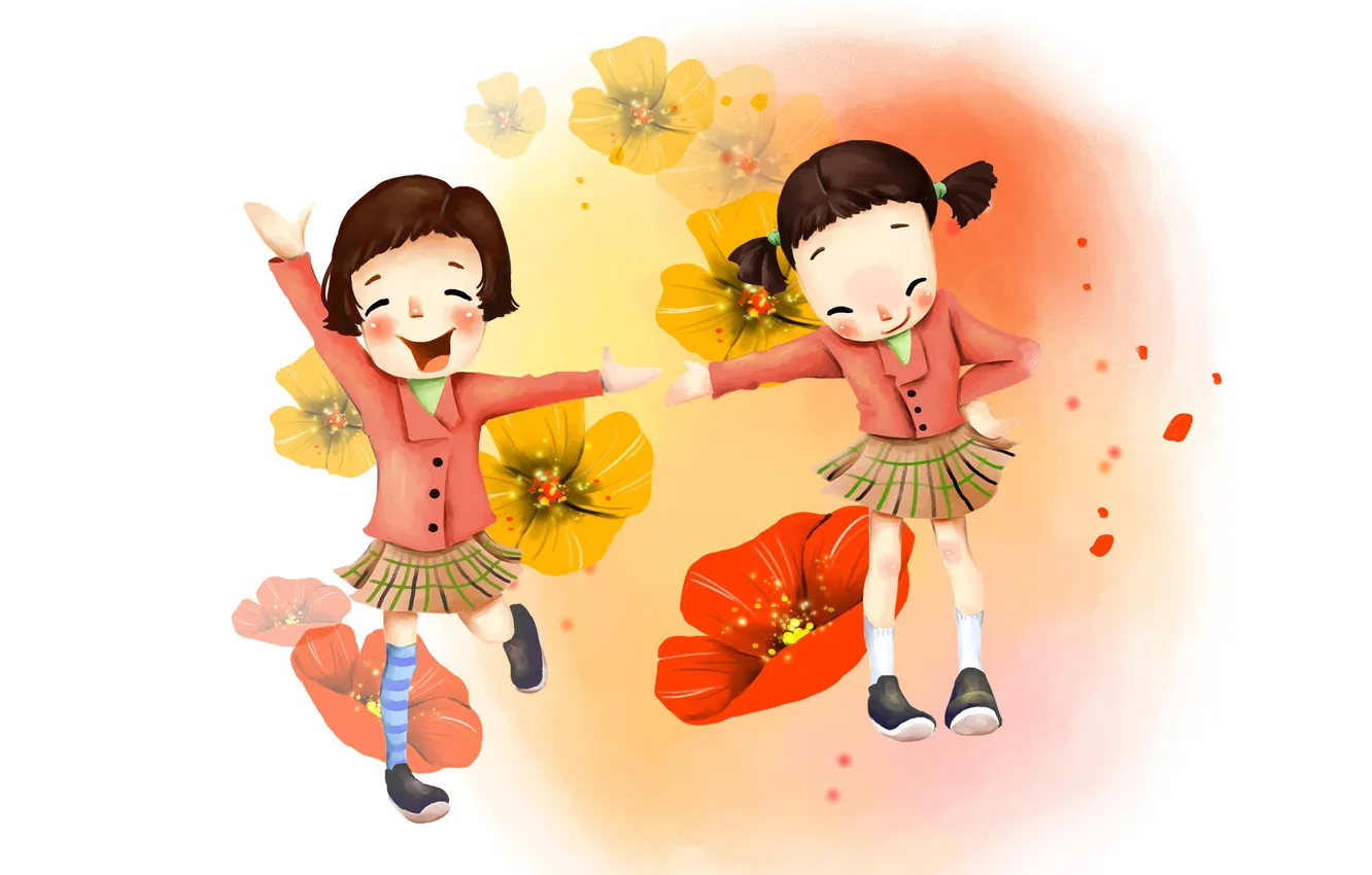 Фото обои радость, цветы, девочки, рисунок, смех, юбочки