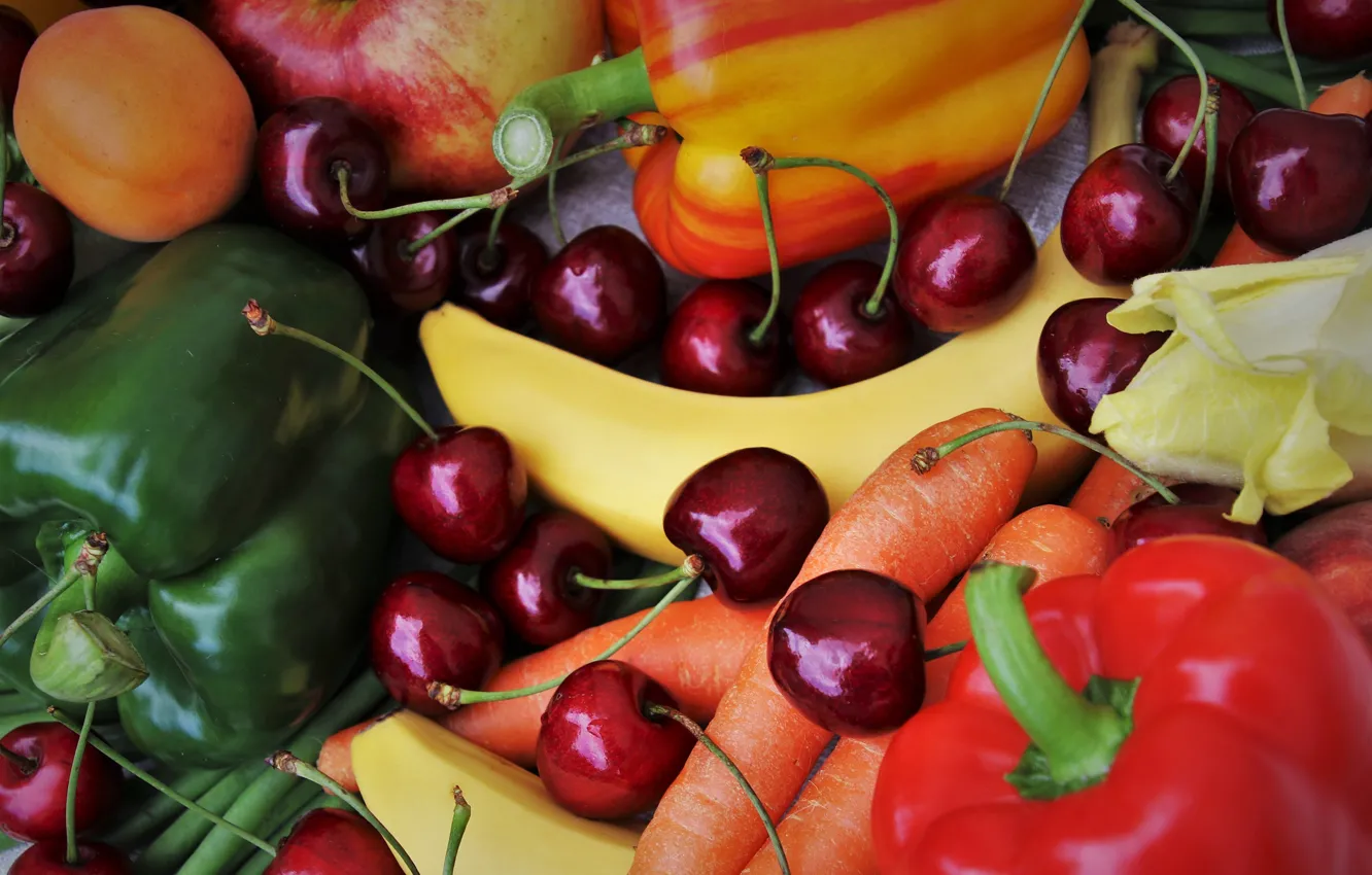 Фото обои красный, вишня, зеленый, ягоды, яблоко, еда, бананы, перец