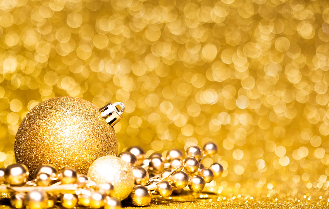 Фото обои золото, игрушка, новый год, шар, бусы