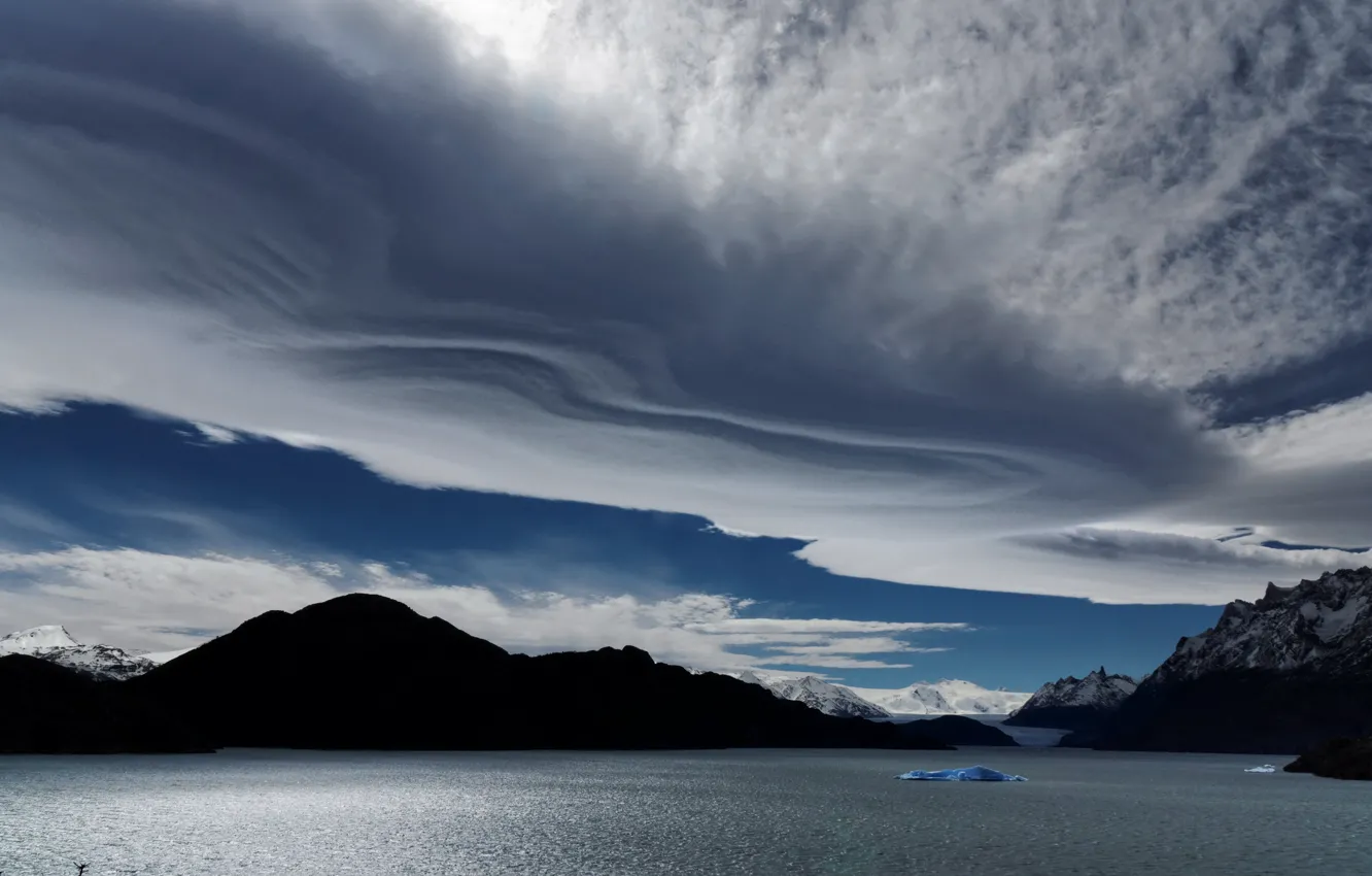 Фото обои небо, облака, пейзаж, горы, ледник, силуэты, Исландия, водоем