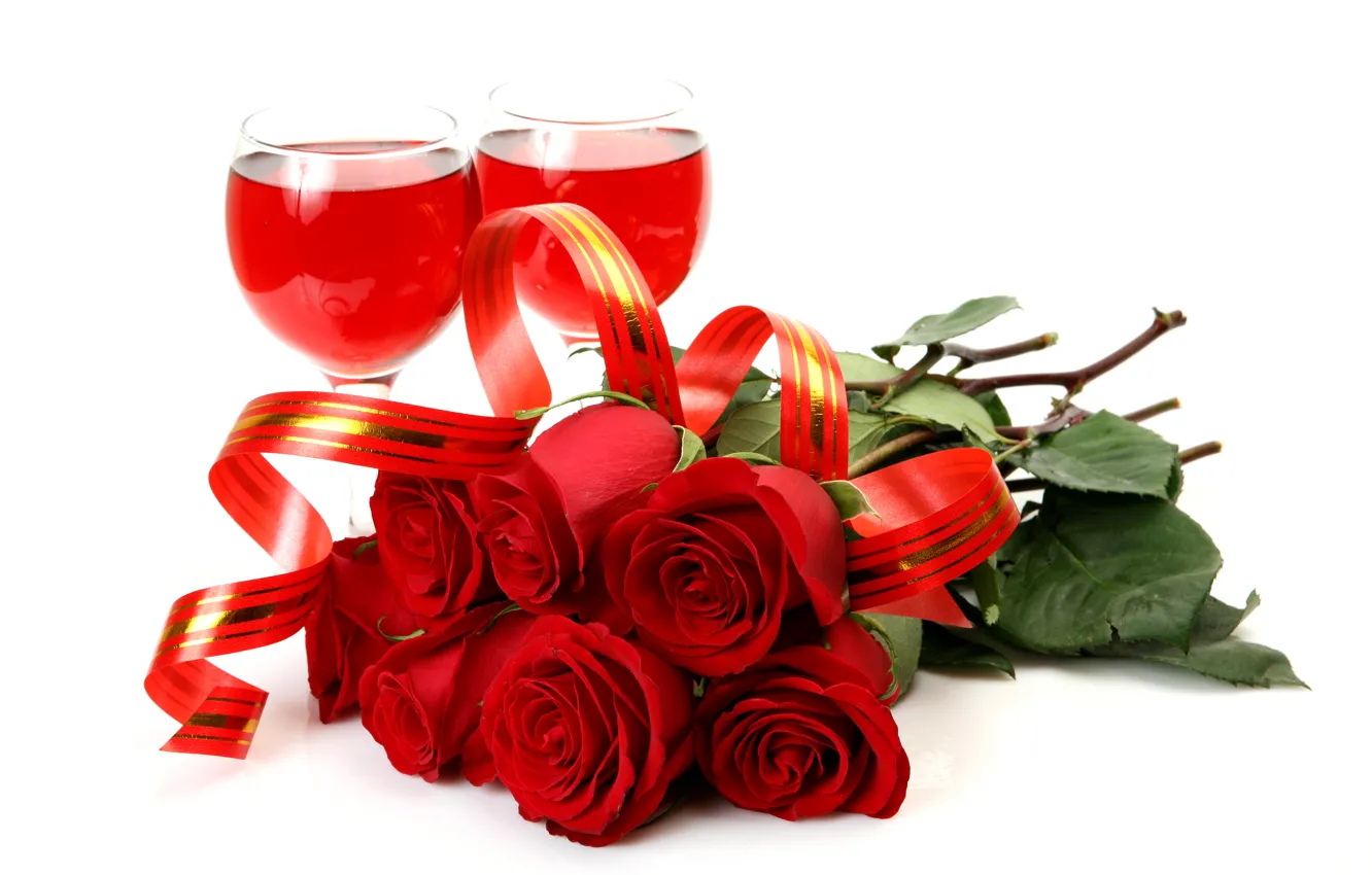 Фото обои вино, розы, бокалы, лента, красные, белый фон